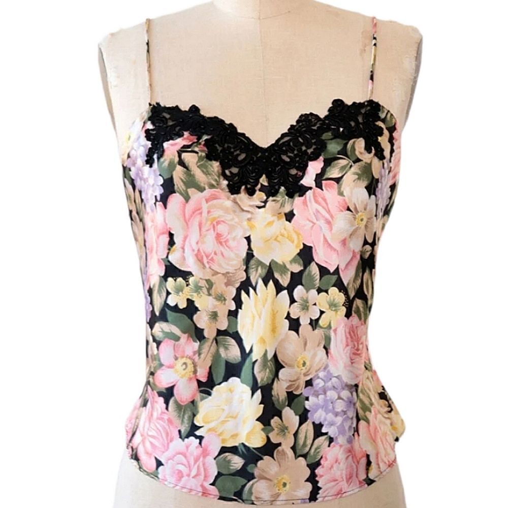 Vintage Victoria’s Secret Gold Label Floral Silk Satin Top Camisole Tank Lace L